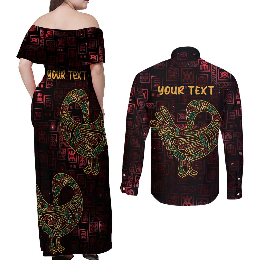 Africa Adinkra Symbol Couples Matching Off Shoulder Maxi Dress and Long Sleeve Button Shirt Sankofa Bird - Cosmic Red LT7 - Wonder Print Shop