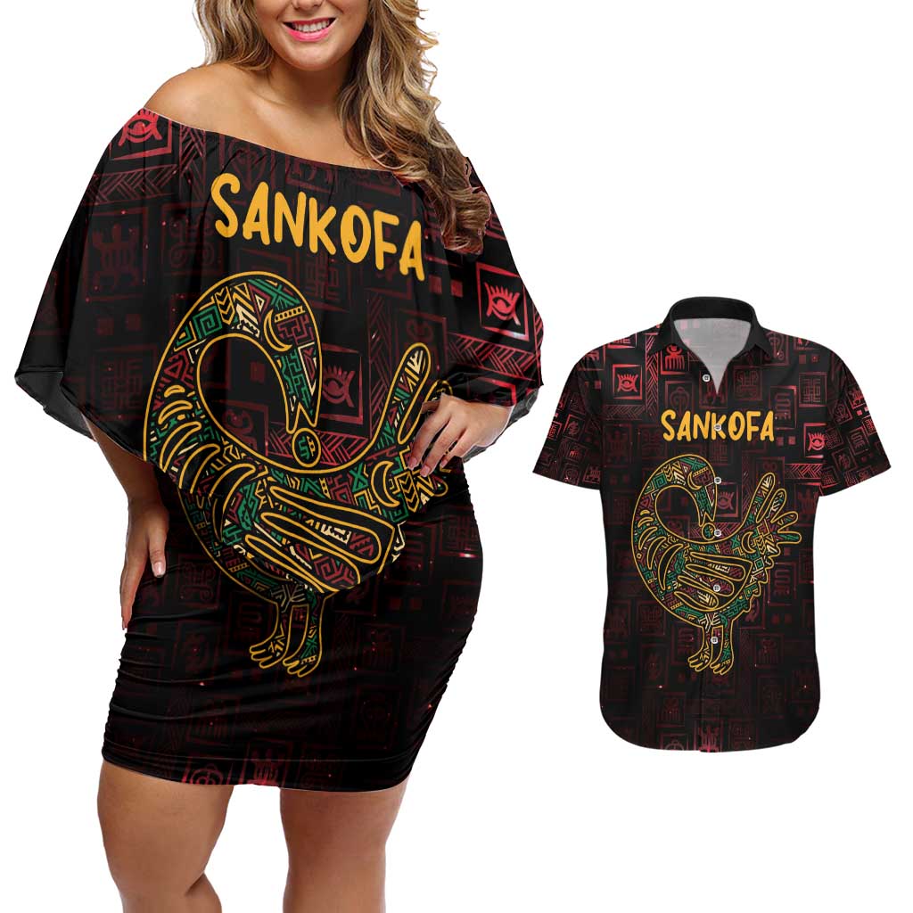 Africa Adinkra Symbol Couples Matching Off Shoulder Short Dress and Hawaiian Shirt Sankofa Bird - Cosmic Red LT7 - Wonder Print Shop