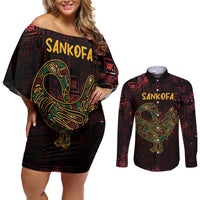 Africa Adinkra Symbol Couples Matching Off Shoulder Short Dress and Long Sleeve Button Shirt Sankofa Bird - Cosmic Red LT7 - Wonder Print Shop