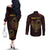 Africa Adinkra Symbol Couples Matching Off The Shoulder Long Sleeve Dress and Long Sleeve Button Shirt Sankofa Bird - Cosmic Red