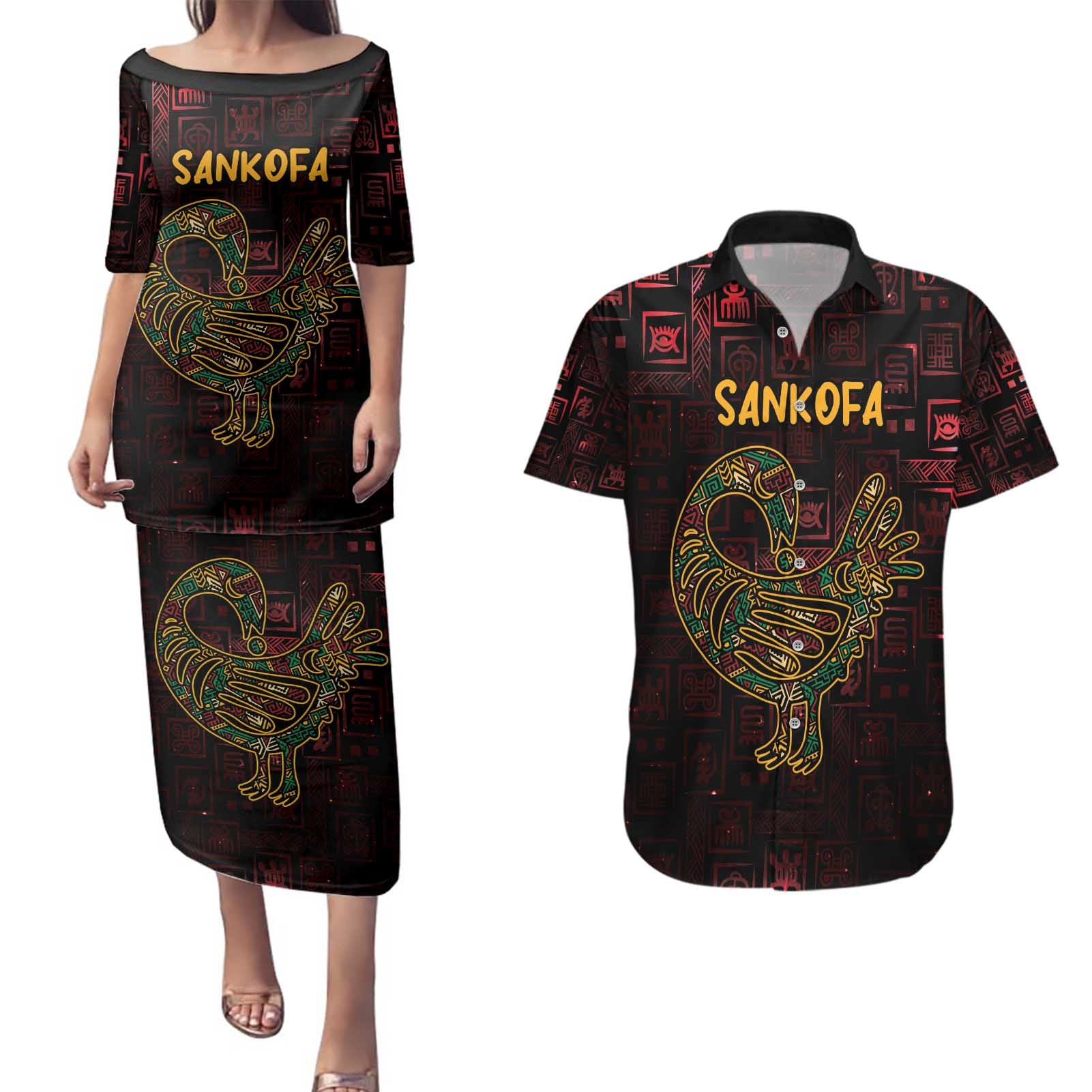 Africa Adinkra Symbol Couples Matching Puletasi and Hawaiian Shirt Sankofa Bird - Cosmic Red LT7 - Wonder Print Shop