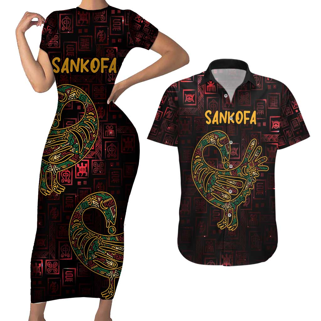 Africa Adinkra Symbol Couples Matching Short Sleeve Bodycon Dress and Hawaiian Shirt Sankofa Bird - Cosmic Red LT7 - Wonder Print Shop