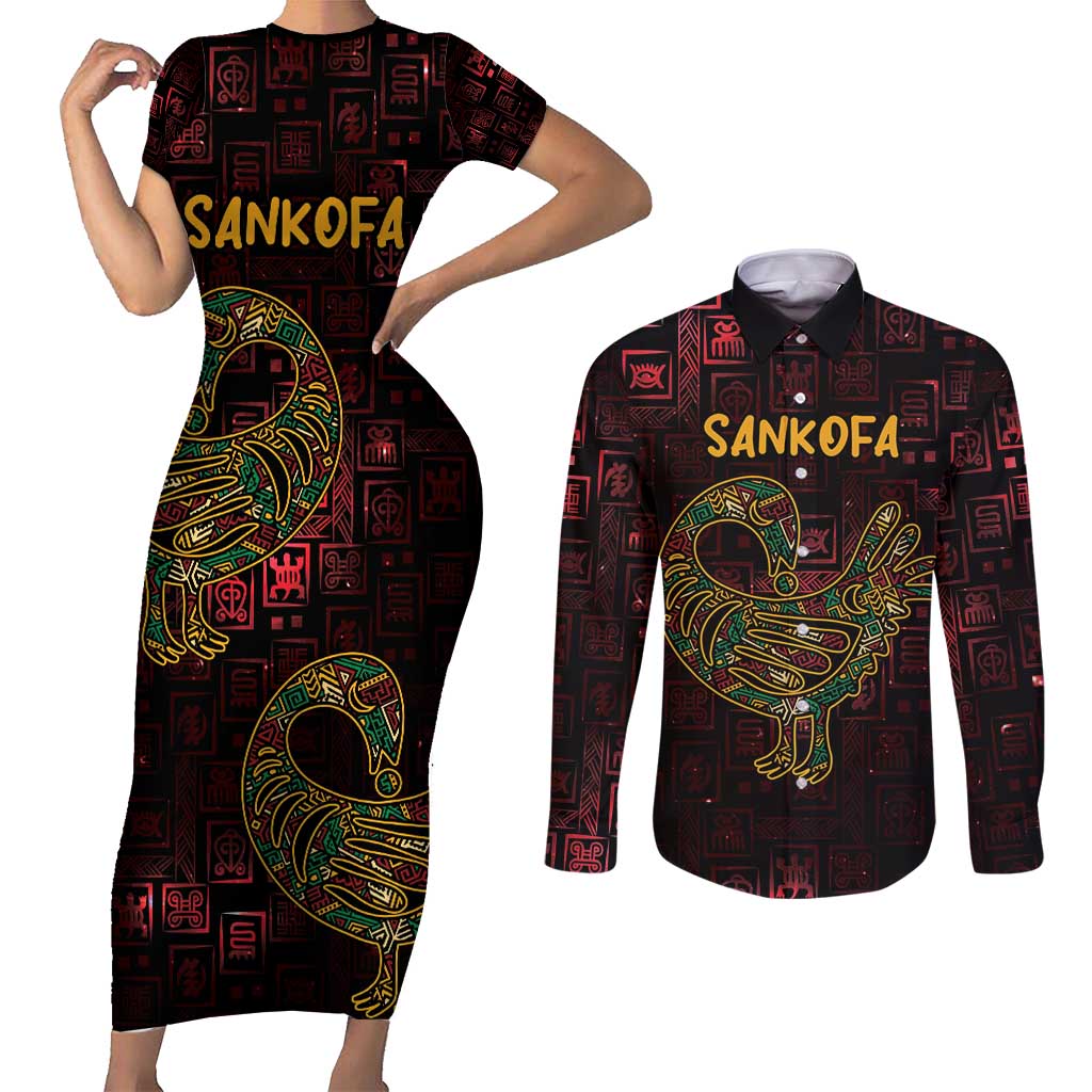 Africa Adinkra Symbol Couples Matching Short Sleeve Bodycon Dress and Long Sleeve Button Shirt Sankofa Bird - Cosmic Red LT7 - Wonder Print Shop