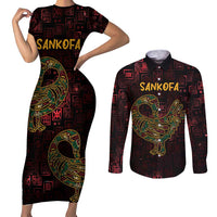 Africa Adinkra Symbol Couples Matching Short Sleeve Bodycon Dress and Long Sleeve Button Shirt Sankofa Bird - Cosmic Red LT7 - Wonder Print Shop