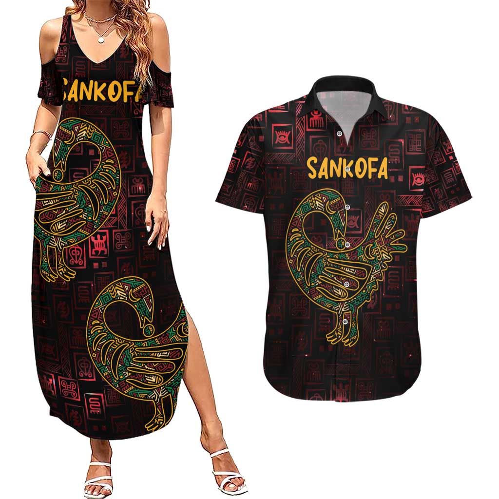 Africa Adinkra Symbol Couples Matching Summer Maxi Dress and Hawaiian Shirt Sankofa Bird - Cosmic Red LT7 - Wonder Print Shop