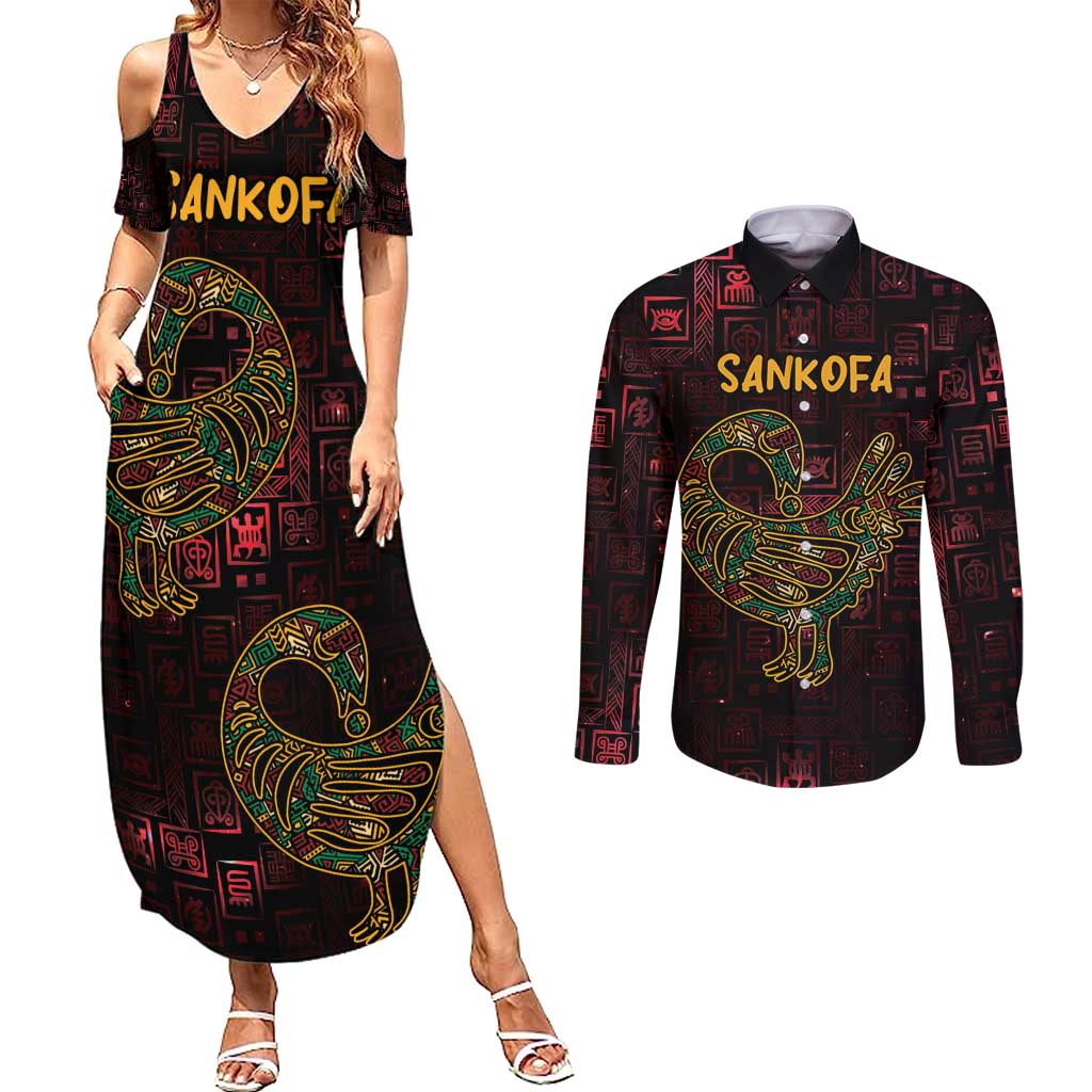 Africa Adinkra Symbol Couples Matching Summer Maxi Dress and Long Sleeve Button Shirt Sankofa Bird - Cosmic Red LT7 - Wonder Print Shop