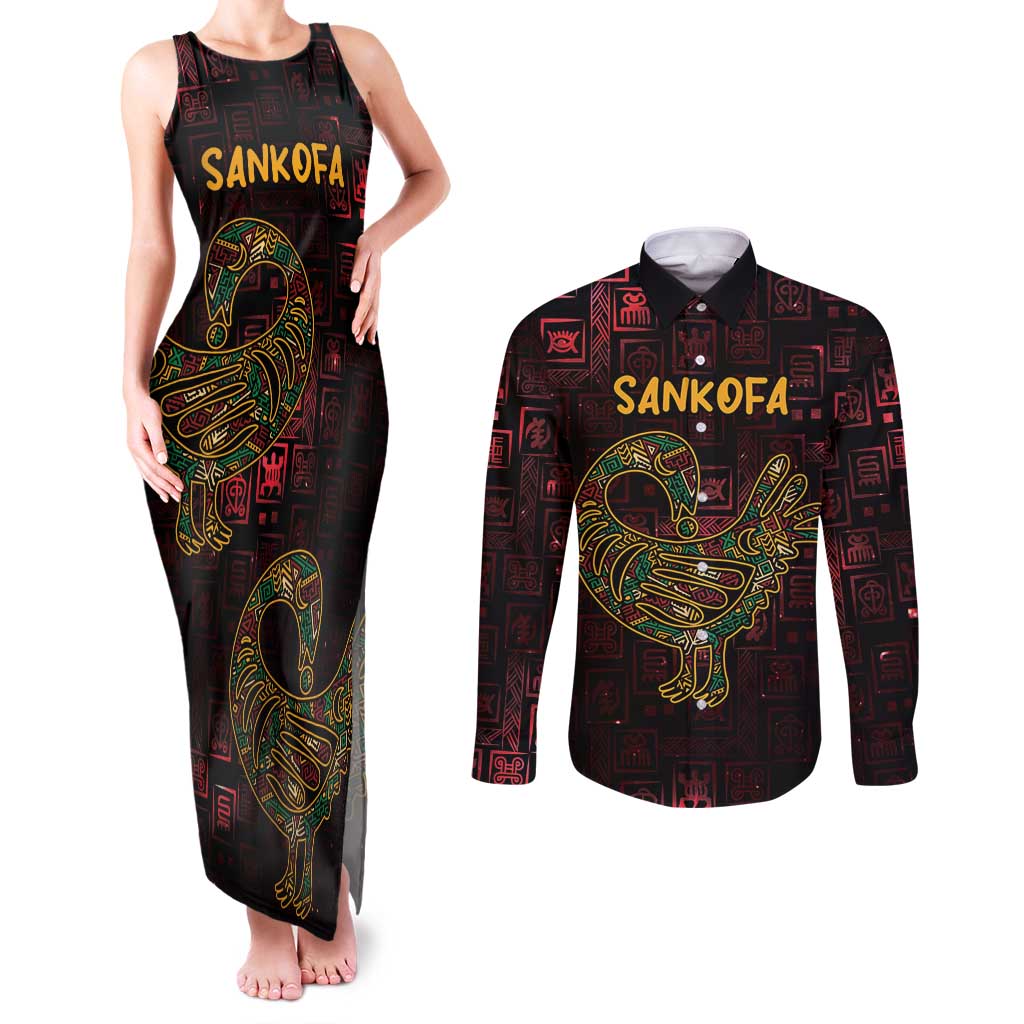 Africa Adinkra Symbol Couples Matching Tank Maxi Dress and Long Sleeve Button Shirt Sankofa Bird - Cosmic Red LT7 - Wonder Print Shop