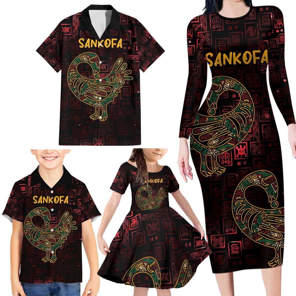 Africa Adinkra Symbol Family Matching Long Sleeve Bodycon Dress and Hawaiian Shirt Sankofa Bird - Cosmic Red LT7 - Wonder Print Shop