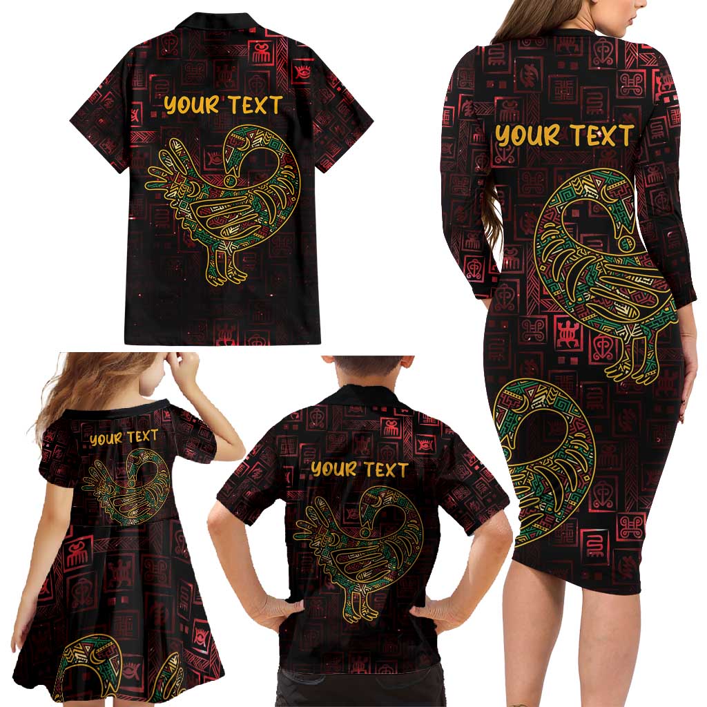 Africa Adinkra Symbol Family Matching Long Sleeve Bodycon Dress and Hawaiian Shirt Sankofa Bird - Cosmic Red LT7 - Wonder Print Shop