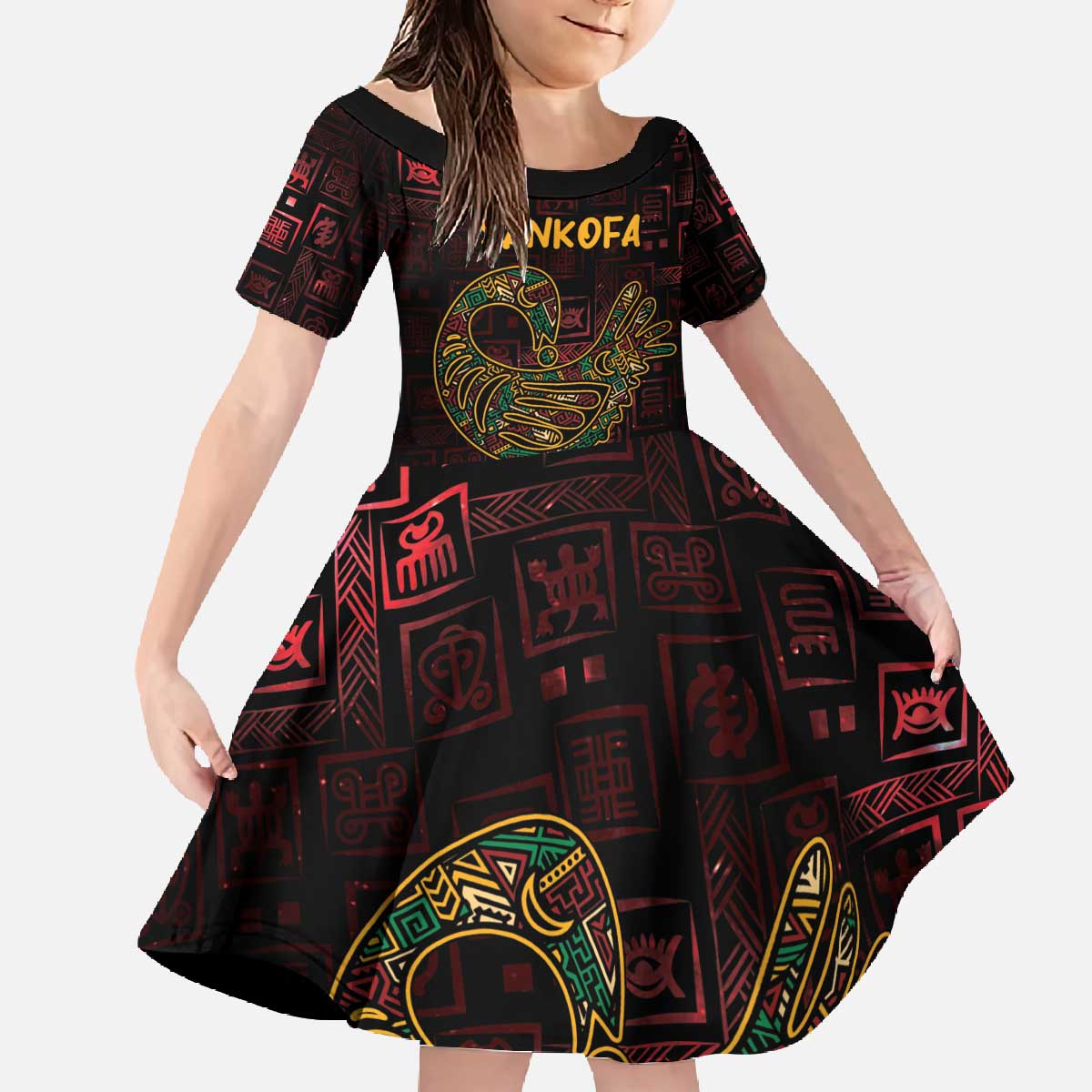 Africa Adinkra Symbol Family Matching Off The Shoulder Long Sleeve Dress and Hawaiian Shirt Sankofa Bird - Cosmic Red - Wonder Print Shop