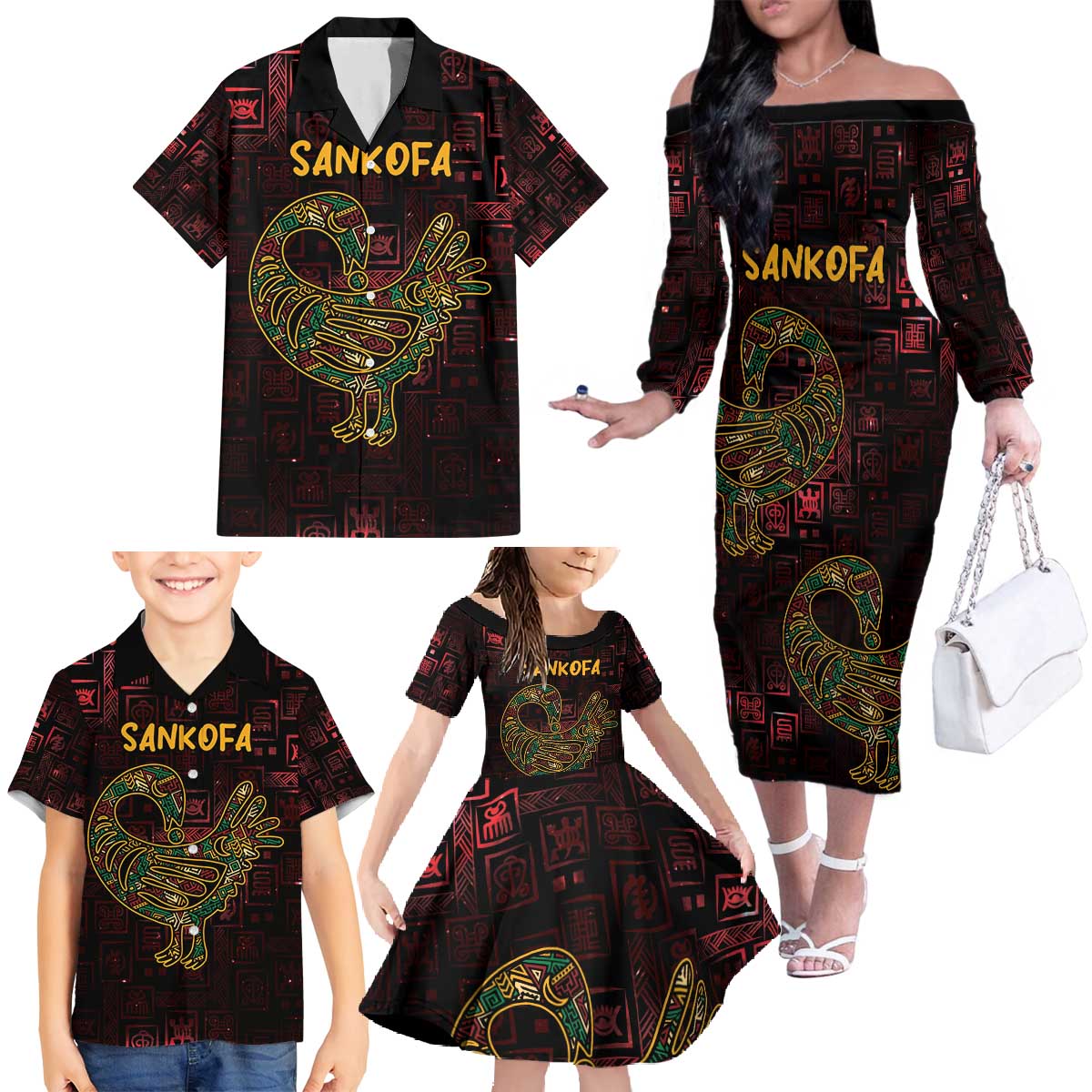 Africa Adinkra Symbol Family Matching Off The Shoulder Long Sleeve Dress and Hawaiian Shirt Sankofa Bird - Cosmic Red - Wonder Print Shop