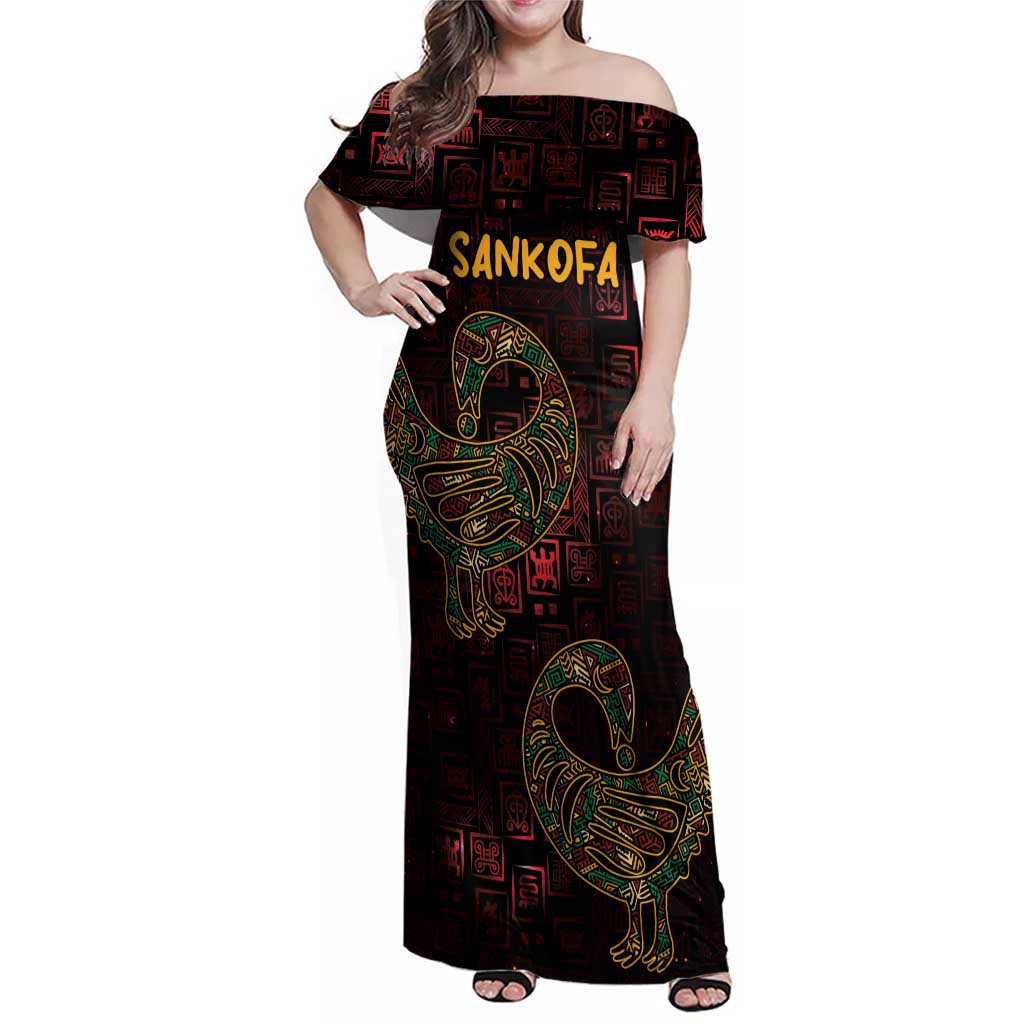 Africa Adinkra Symbol Family Matching Off Shoulder Maxi Dress and Hawaiian Shirt Sankofa Bird - Cosmic Red LT7 - Wonder Print Shop