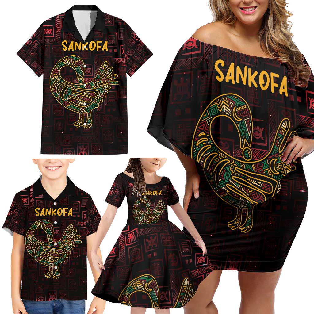Africa Adinkra Symbol Family Matching Off Shoulder Short Dress and Hawaiian Shirt Sankofa Bird - Cosmic Red LT7 - Wonder Print Shop
