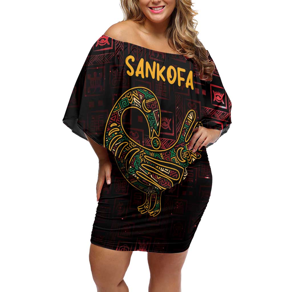 Africa Adinkra Symbol Family Matching Off Shoulder Short Dress and Hawaiian Shirt Sankofa Bird - Cosmic Red LT7 - Wonder Print Shop