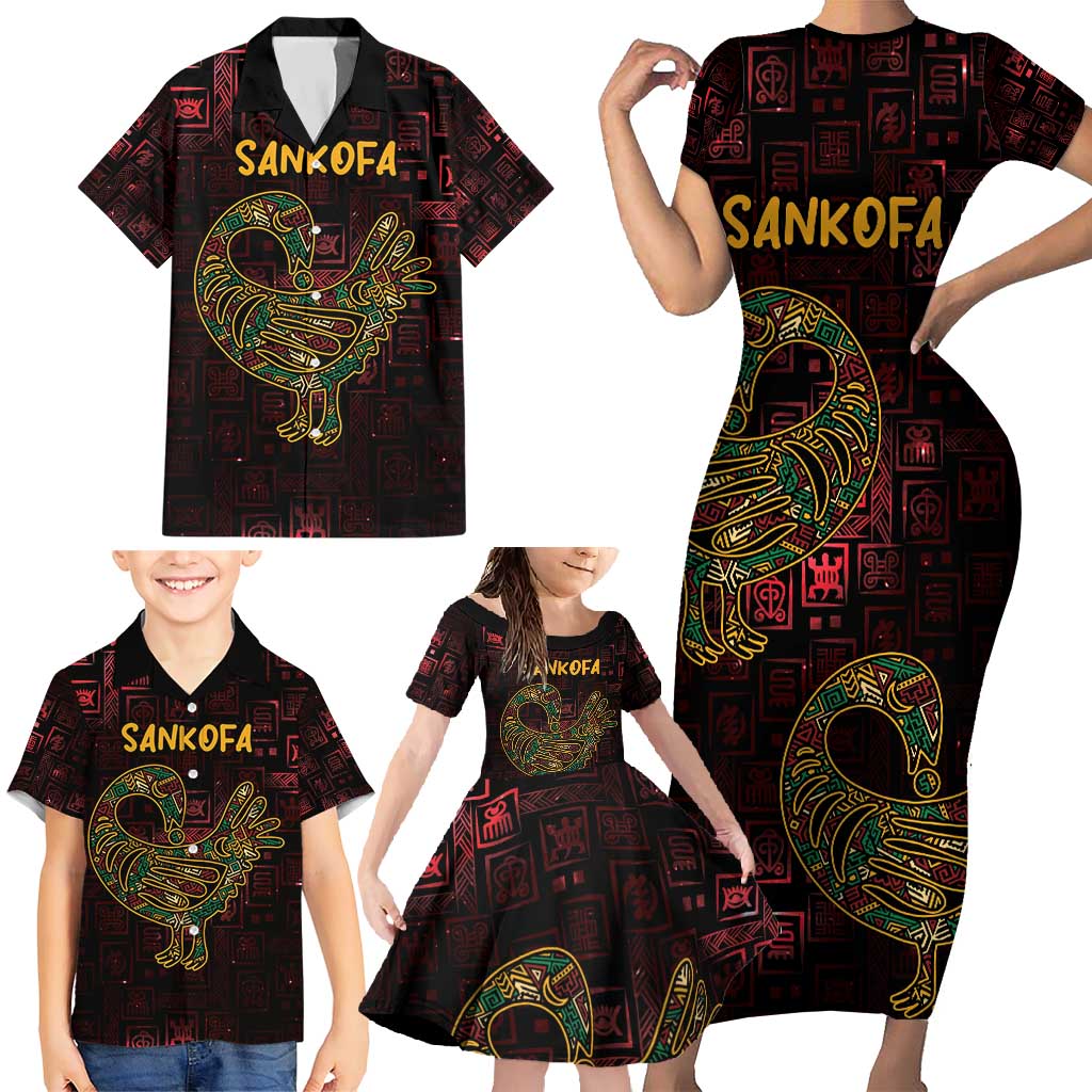 Africa Adinkra Symbol Family Matching Short Sleeve Bodycon Dress and Hawaiian Shirt Sankofa Bird - Cosmic Red - Wonder Print Shop