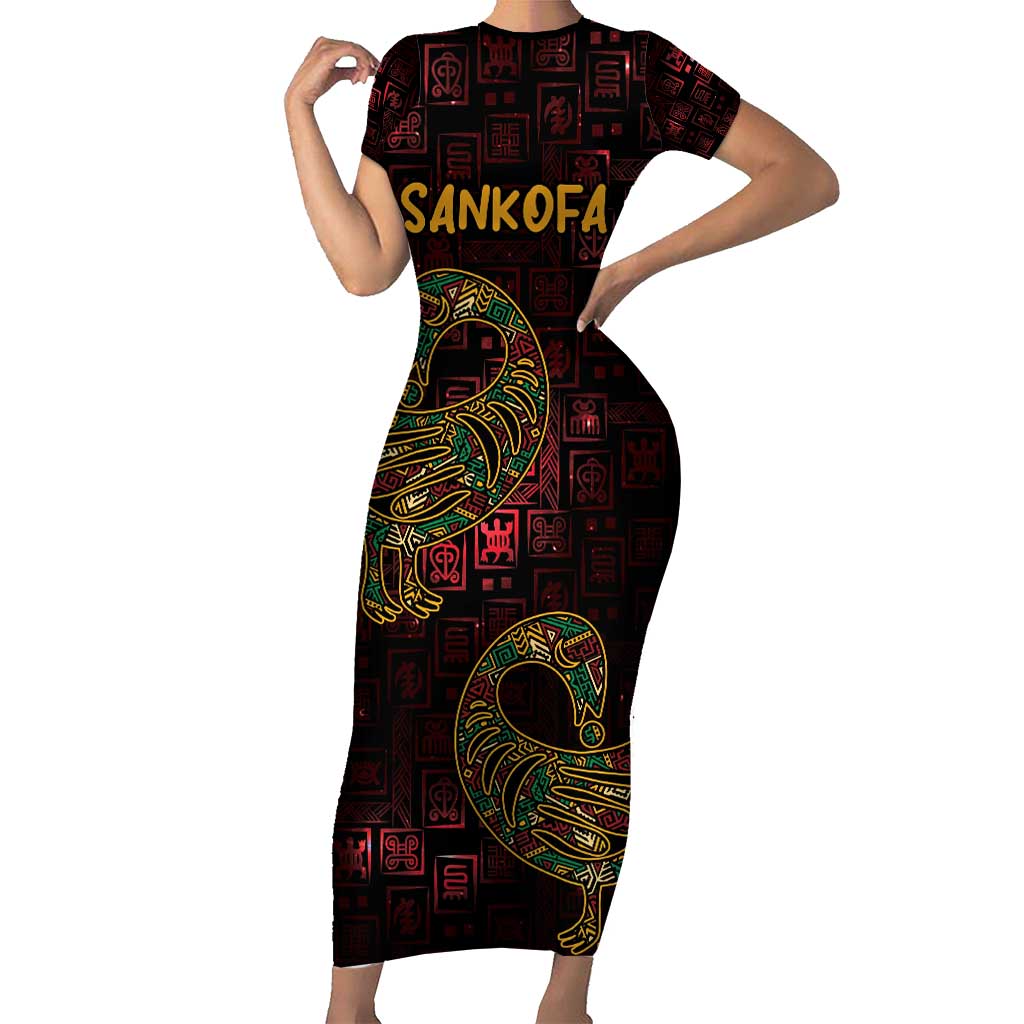 Africa Adinkra Symbol Family Matching Short Sleeve Bodycon Dress and Hawaiian Shirt Sankofa Bird - Cosmic Red - Wonder Print Shop