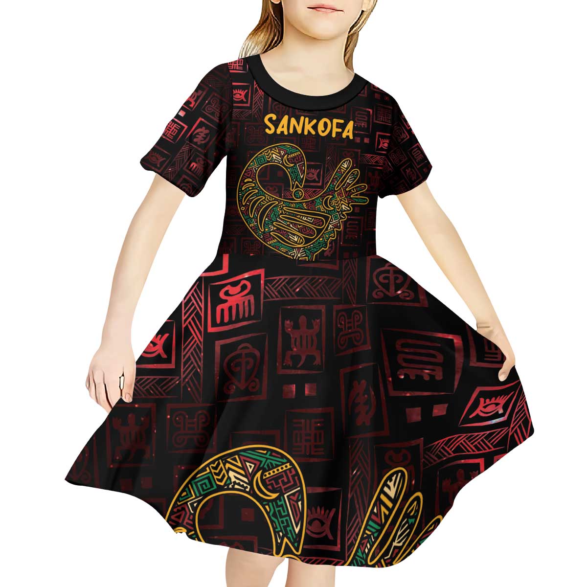 Africa Adinkra Symbol Kid Short Sleeve Dress Sankofa Bird - Cosmic Red - Wonder Print Shop