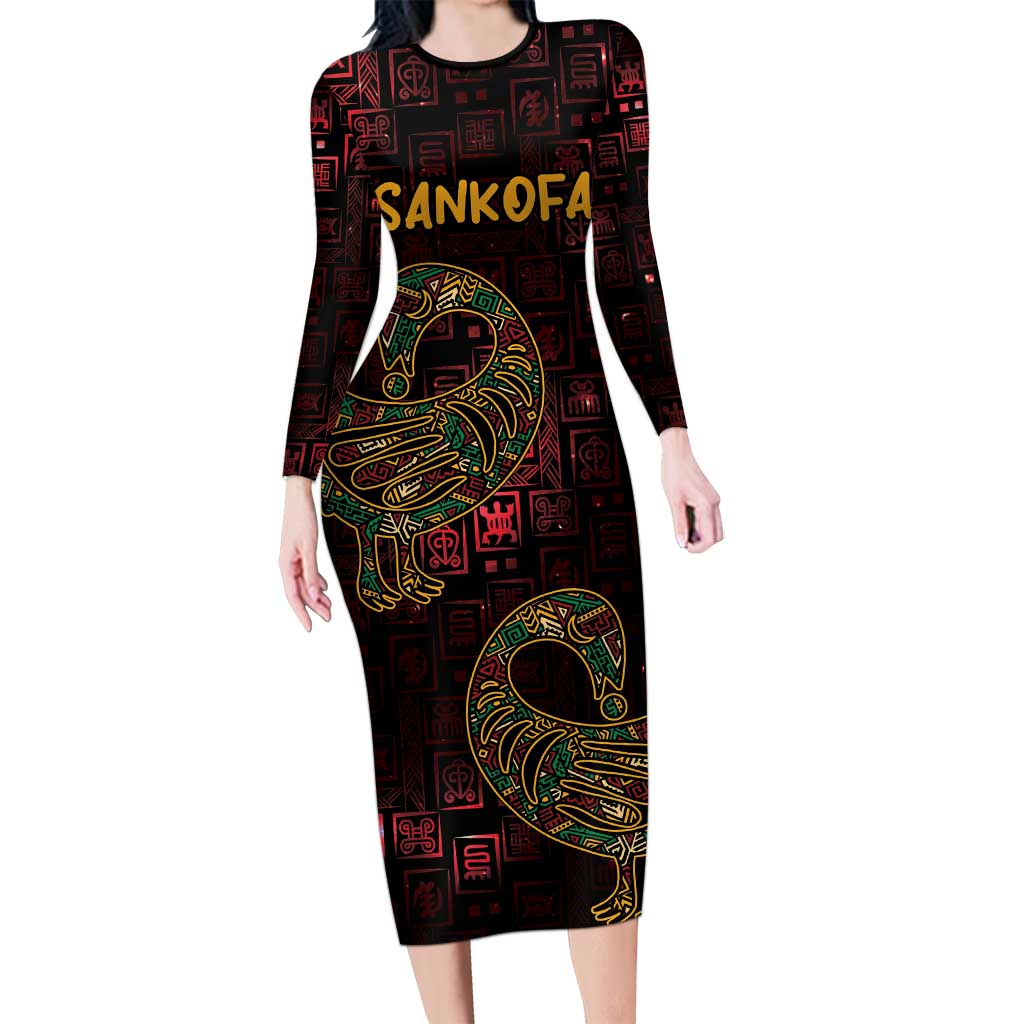 Africa Adinkra Symbol Long Sleeve Bodycon Dress Sankofa Bird - Cosmic Red - Wonder Print Shop