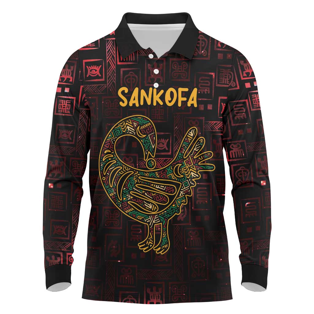 Africa Adinkra Symbol Long Sleeve Polo Shirt Sankofa Bird - Cosmic Red - Wonder Print Shop
