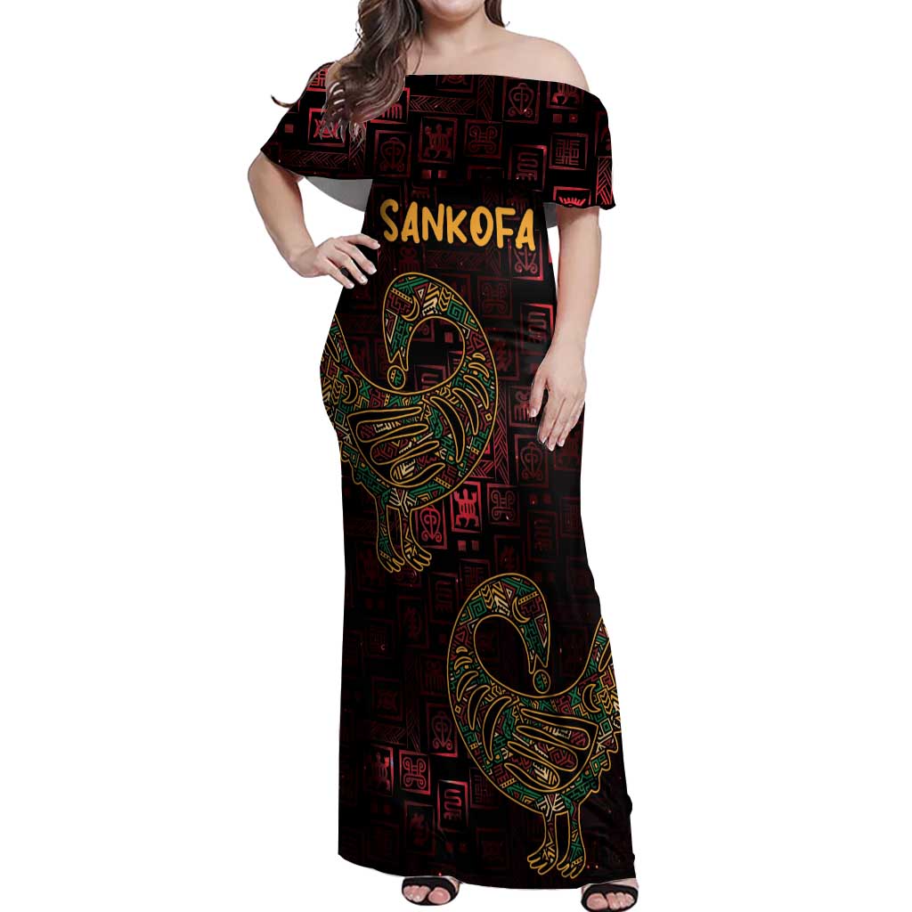 Africa Adinkra Symbol Off Shoulder Maxi Dress Sankofa Bird - Cosmic Red - Wonder Print Shop