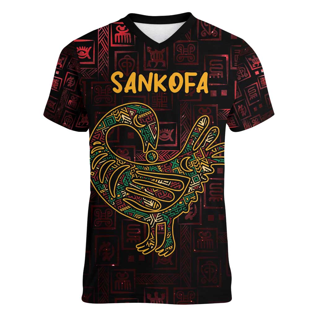 Africa Adinkra Symbol Women V-Neck T-Shirt Sankofa Bird - Cosmic Red - Wonder Print Shop