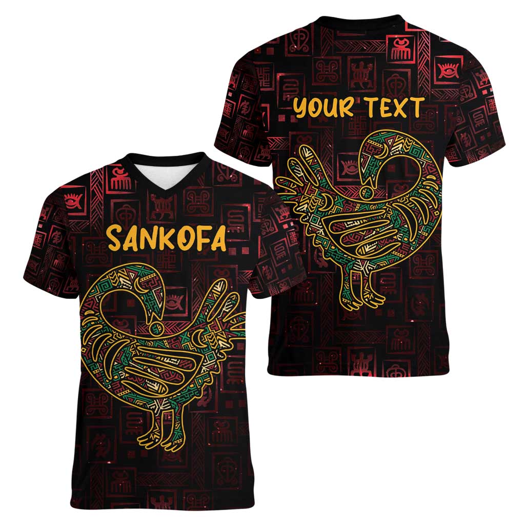 Africa Adinkra Symbol Women V-Neck T-Shirt Sankofa Bird - Cosmic Red - Wonder Print Shop