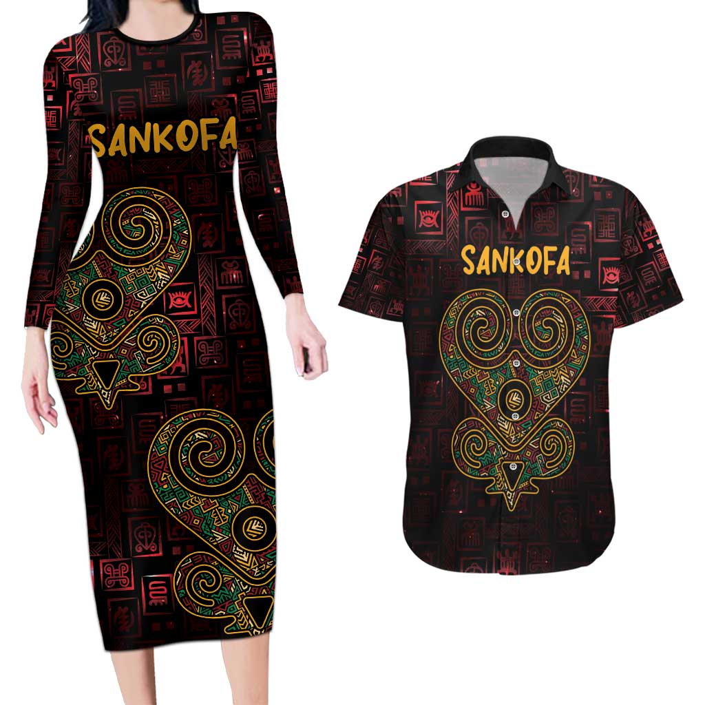 Africa Adinkra Symbol Couples Matching Long Sleeve Bodycon Dress and Hawaiian Shirt Sankofa Heart - Cosmic Red LT7 - Wonder Print Shop