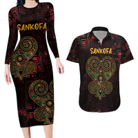 Africa Adinkra Symbol Couples Matching Long Sleeve Bodycon Dress and Hawaiian Shirt Sankofa Heart - Cosmic Red LT7 - Wonder Print Shop