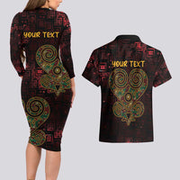 Africa Adinkra Symbol Couples Matching Long Sleeve Bodycon Dress and Hawaiian Shirt Sankofa Heart - Cosmic Red LT7 - Wonder Print Shop