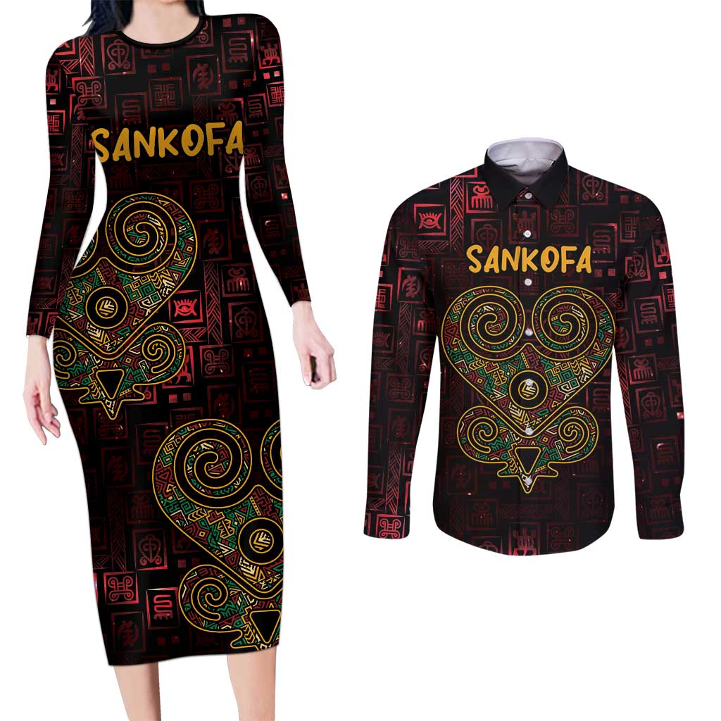Africa Adinkra Symbol Couples Matching Long Sleeve Bodycon Dress and Long Sleeve Button Shirt Sankofa Heart - Cosmic Red LT7 - Wonder Print Shop