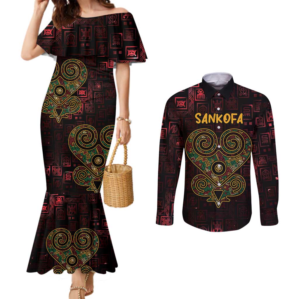 Africa Adinkra Symbol Couples Matching Mermaid Dress and Long Sleeve Button Shirt Sankofa Heart - Cosmic Red