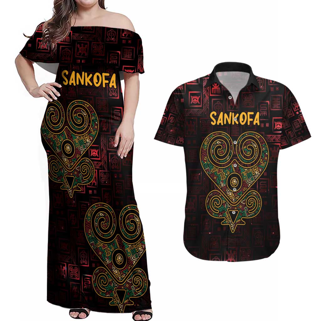 Africa Adinkra Symbol Couples Matching Off Shoulder Maxi Dress and Hawaiian Shirt Sankofa Heart - Cosmic Red LT7 - Wonder Print Shop