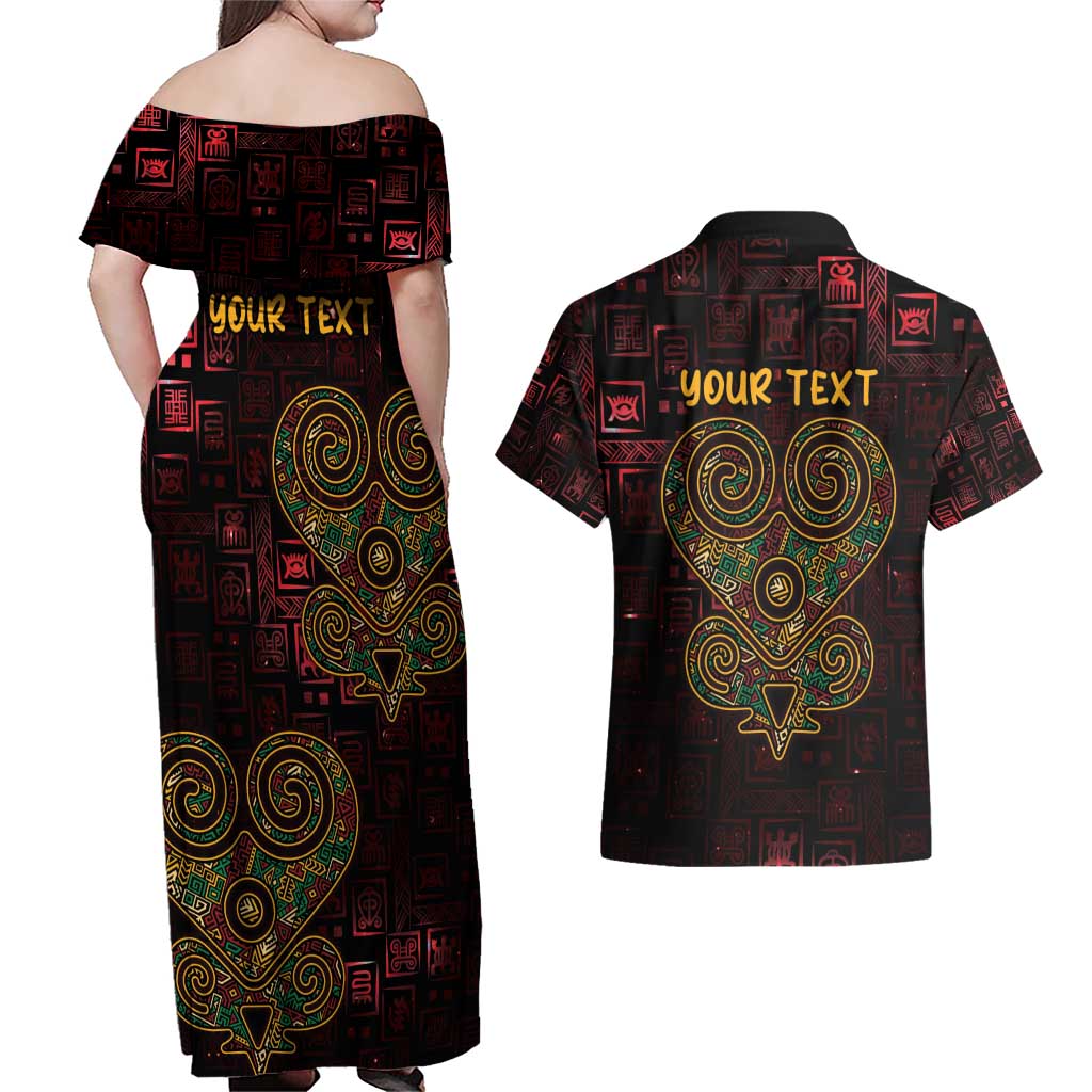 Africa Adinkra Symbol Couples Matching Off Shoulder Maxi Dress and Hawaiian Shirt Sankofa Heart - Cosmic Red LT7 - Wonder Print Shop