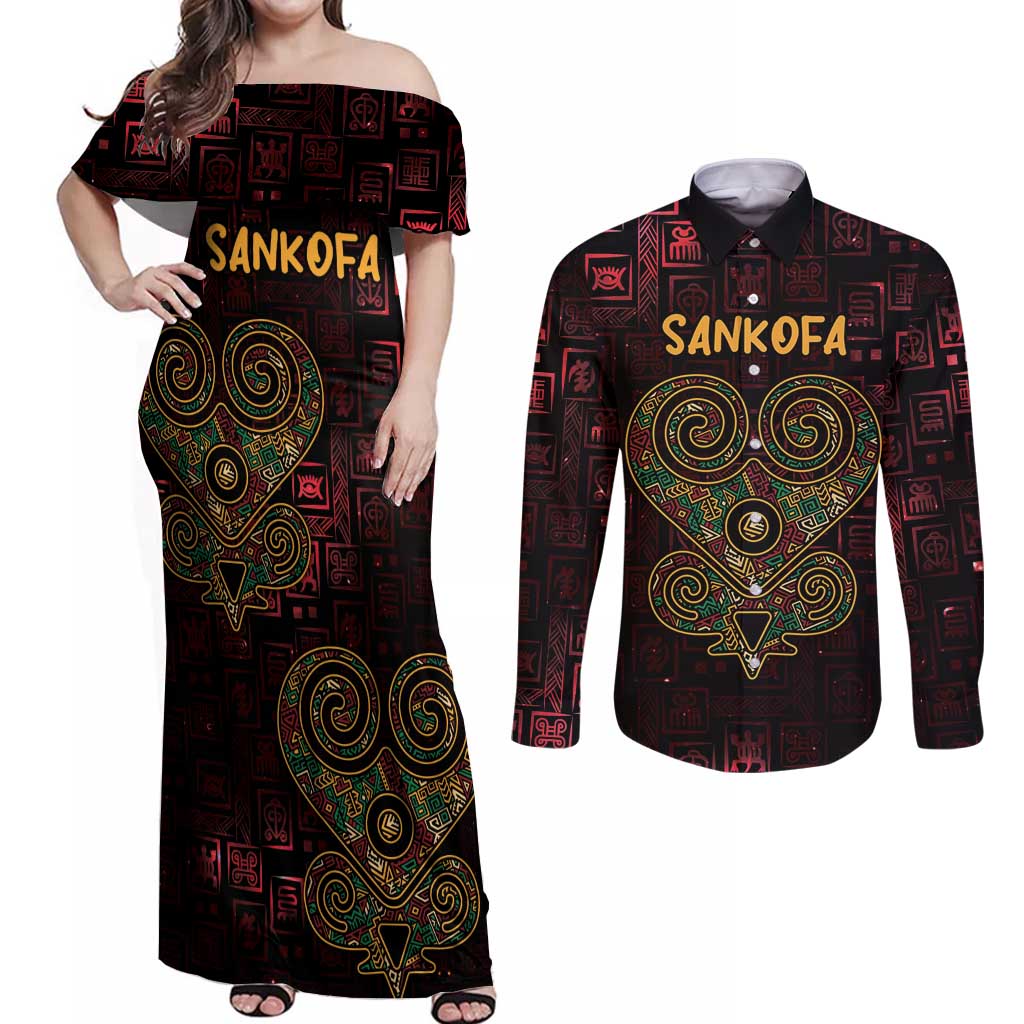 Africa Adinkra Symbol Couples Matching Off Shoulder Maxi Dress and Long Sleeve Button Shirt Sankofa Heart - Cosmic Red LT7 - Wonder Print Shop