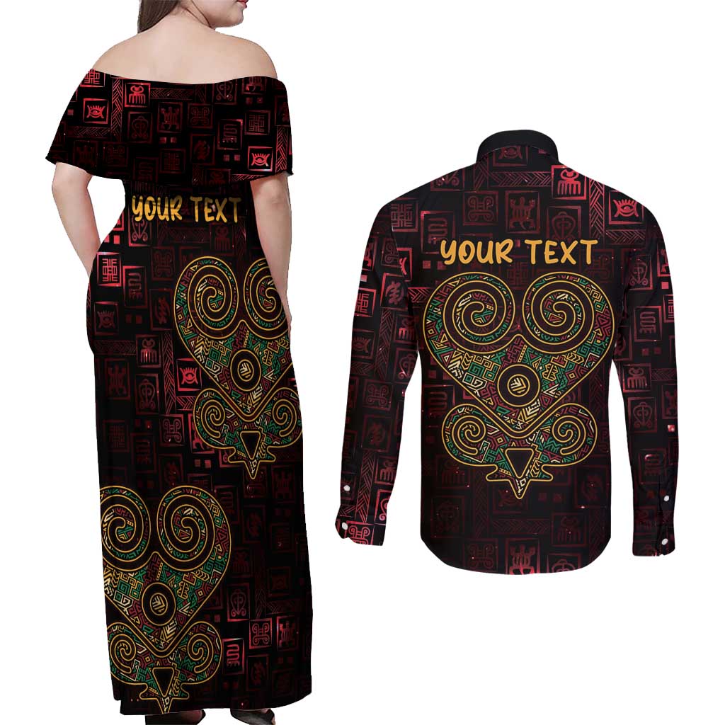 Africa Adinkra Symbol Couples Matching Off Shoulder Maxi Dress and Long Sleeve Button Shirt Sankofa Heart - Cosmic Red LT7 - Wonder Print Shop