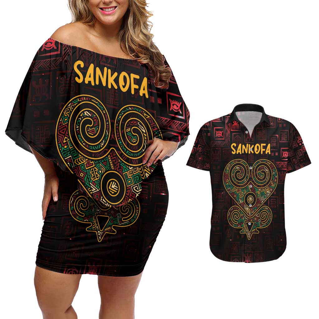 Africa Adinkra Symbol Couples Matching Off Shoulder Short Dress and Hawaiian Shirt Sankofa Heart - Cosmic Red LT7 - Wonder Print Shop