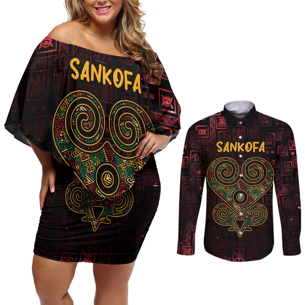Africa Adinkra Symbol Couples Matching Off Shoulder Short Dress and Long Sleeve Button Shirt Sankofa Heart - Cosmic Red LT7 - Wonder Print Shop