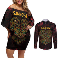 Africa Adinkra Symbol Couples Matching Off Shoulder Short Dress and Long Sleeve Button Shirt Sankofa Heart - Cosmic Red LT7 - Wonder Print Shop