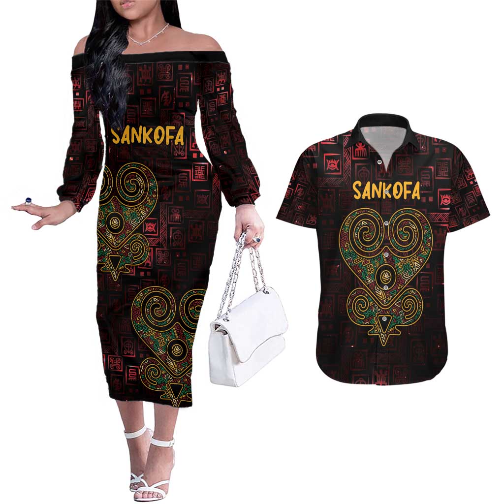 Africa Adinkra Symbol Couples Matching Off The Shoulder Long Sleeve Dress and Hawaiian Shirt Sankofa Heart - Cosmic Red LT7 - Wonder Print Shop