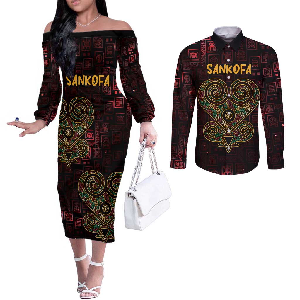 Africa Adinkra Symbol Couples Matching Off The Shoulder Long Sleeve Dress and Long Sleeve Button Shirt Sankofa Heart - Cosmic Red