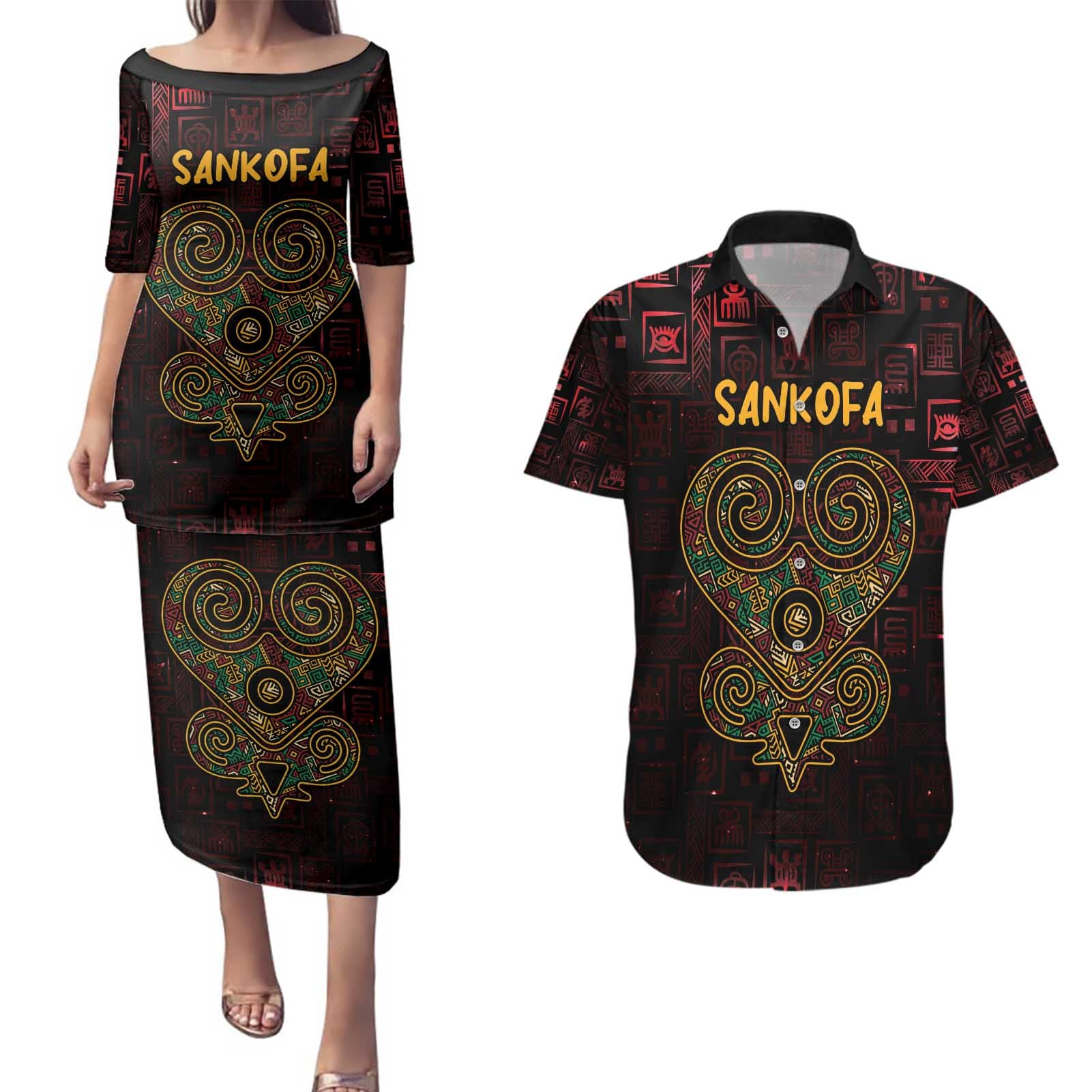 Africa Adinkra Symbol Couples Matching Puletasi and Hawaiian Shirt Sankofa Heart - Cosmic Red LT7 - Wonder Print Shop
