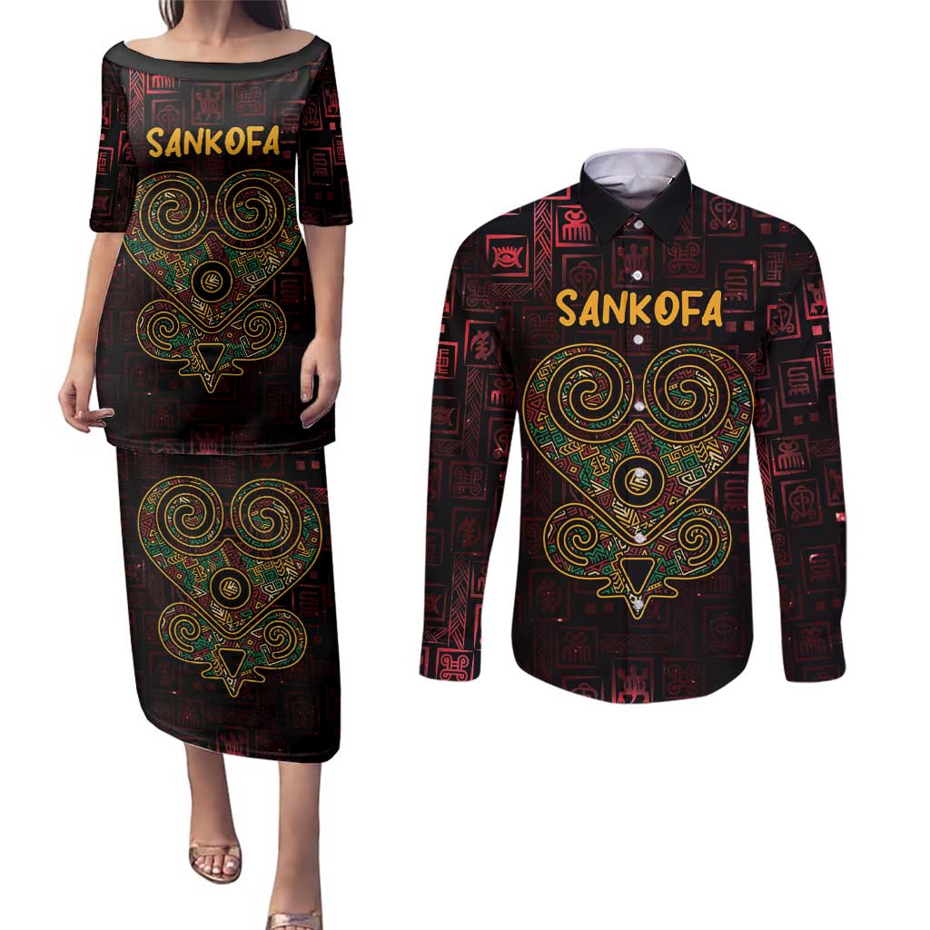 Africa Adinkra Symbol Couples Matching Puletasi and Long Sleeve Button Shirt Sankofa Heart - Cosmic Red LT7 - Wonder Print Shop