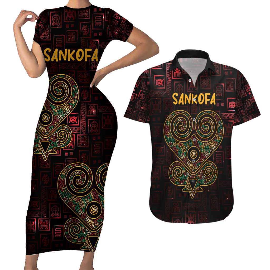 Africa Adinkra Symbol Couples Matching Short Sleeve Bodycon Dress and Hawaiian Shirt Sankofa Heart - Cosmic Red LT7 - Wonder Print Shop