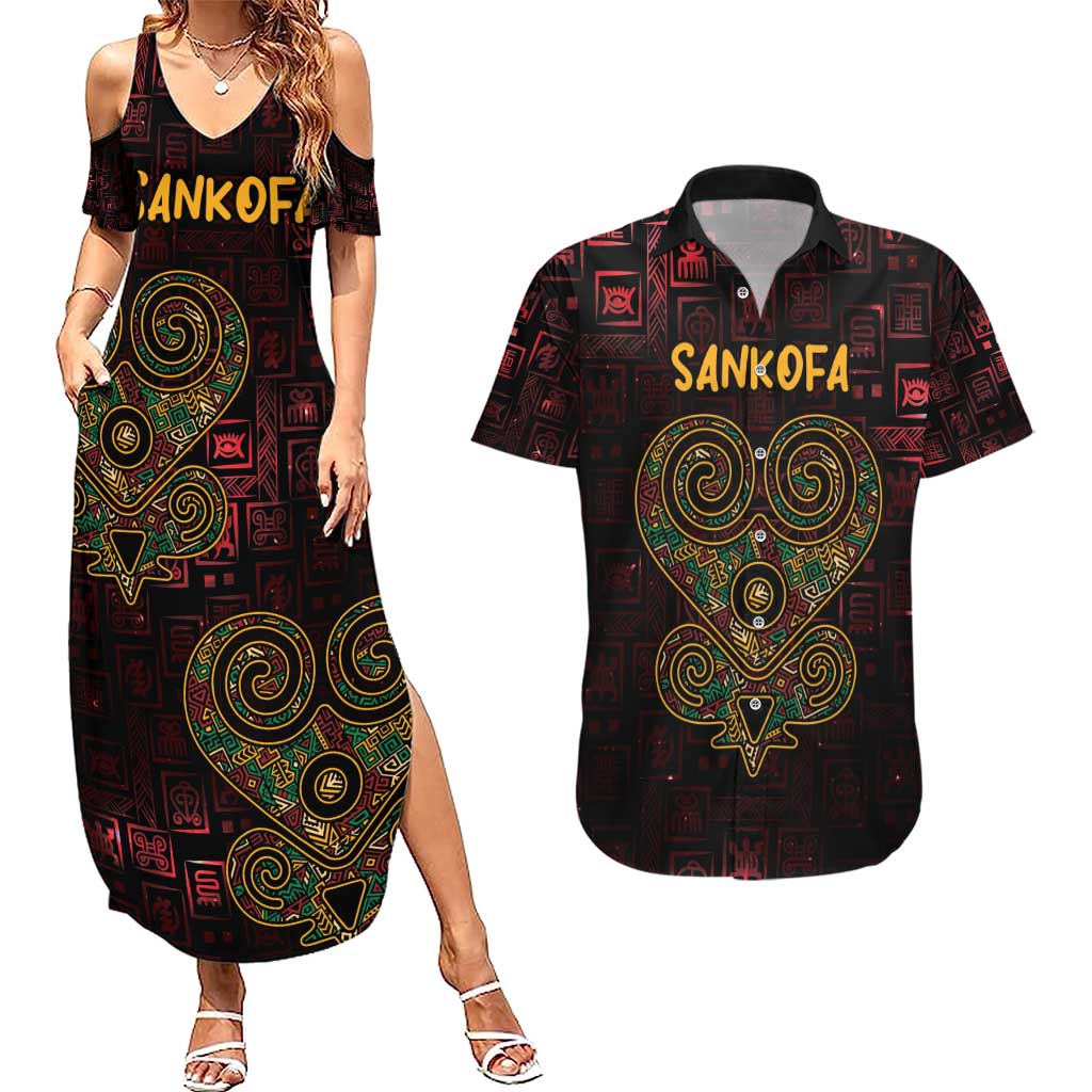 Africa Adinkra Symbol Couples Matching Summer Maxi Dress and Hawaiian Shirt Sankofa Heart - Cosmic Red LT7 - Wonder Print Shop