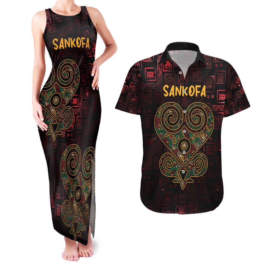 Africa Adinkra Symbol Couples Matching Tank Maxi Dress and Hawaiian Shirt Sankofa Heart - Cosmic Red LT7 - Wonder Print Shop