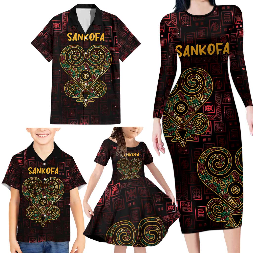 Africa Adinkra Symbol Family Matching Long Sleeve Bodycon Dress and Hawaiian Shirt Sankofa Heart - Cosmic Red LT7 - Wonder Print Shop