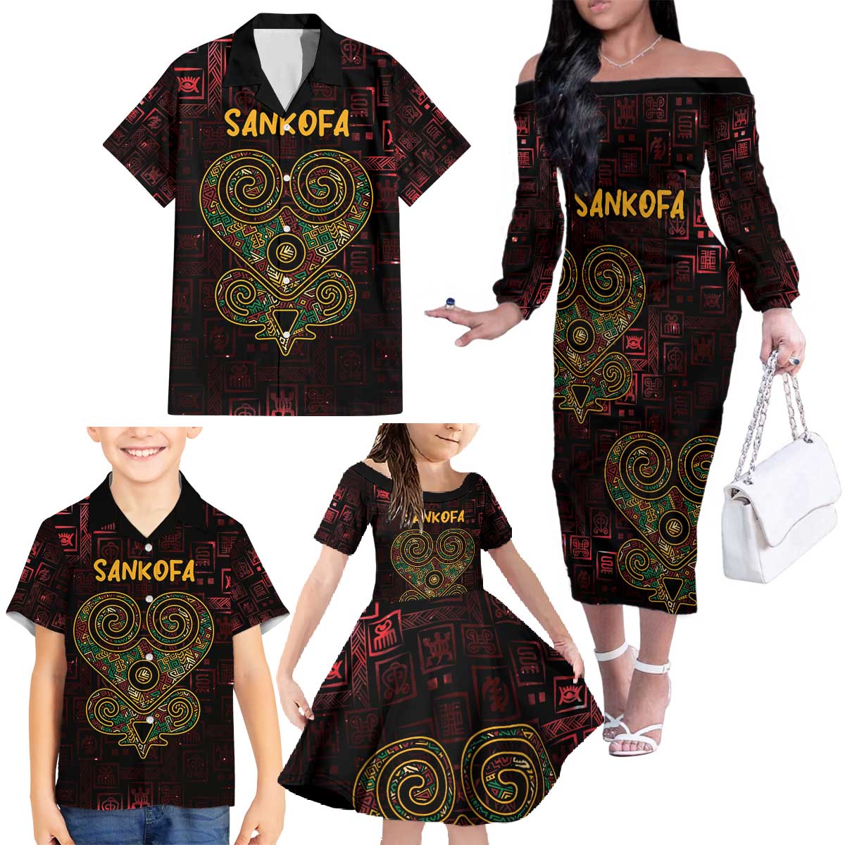 Africa Adinkra Symbol Family Matching Off The Shoulder Long Sleeve Dress and Hawaiian Shirt Sankofa Heart - Cosmic Red - Wonder Print Shop