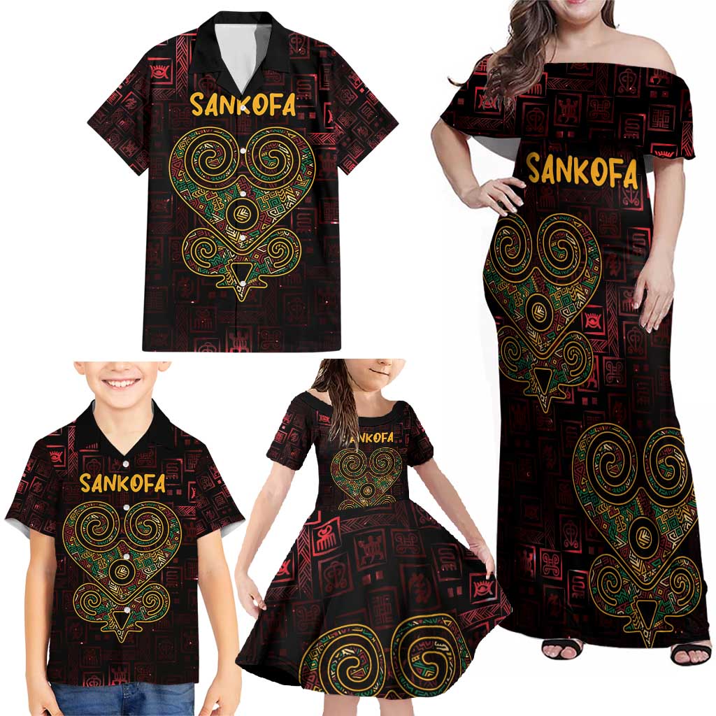 Africa Adinkra Symbol Family Matching Off Shoulder Maxi Dress and Hawaiian Shirt Sankofa Heart - Cosmic Red LT7 - Wonder Print Shop