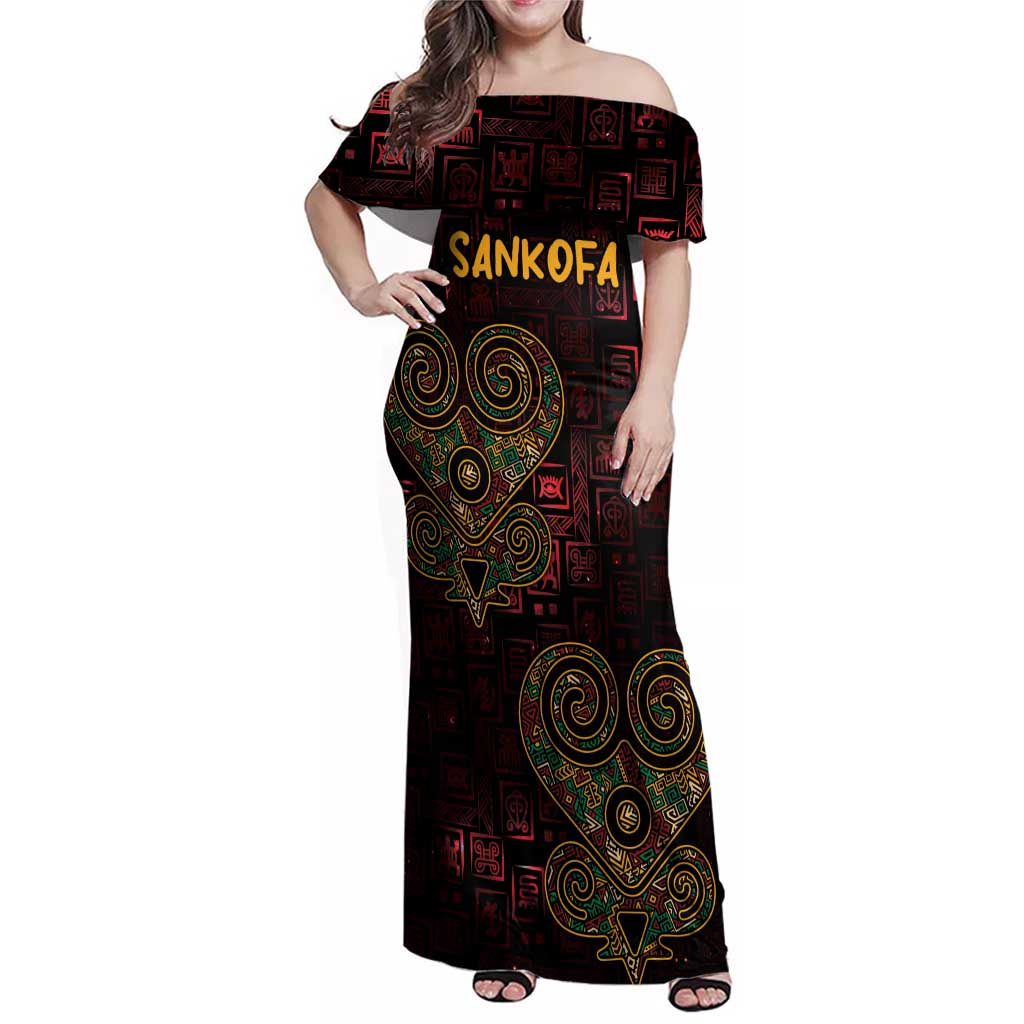 Africa Adinkra Symbol Family Matching Off Shoulder Maxi Dress and Hawaiian Shirt Sankofa Heart - Cosmic Red LT7 - Wonder Print Shop