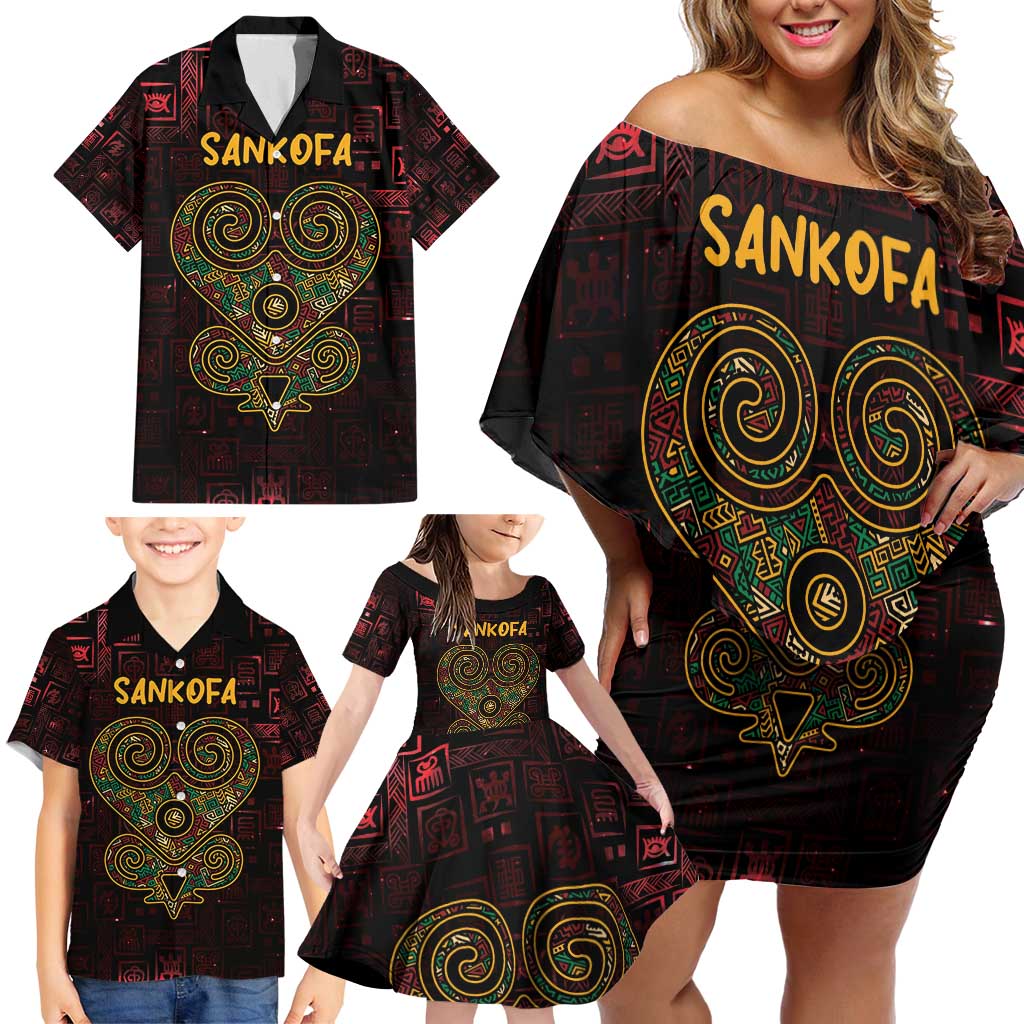 Africa Adinkra Symbol Family Matching Off Shoulder Short Dress and Hawaiian Shirt Sankofa Heart - Cosmic Red LT7 - Wonder Print Shop